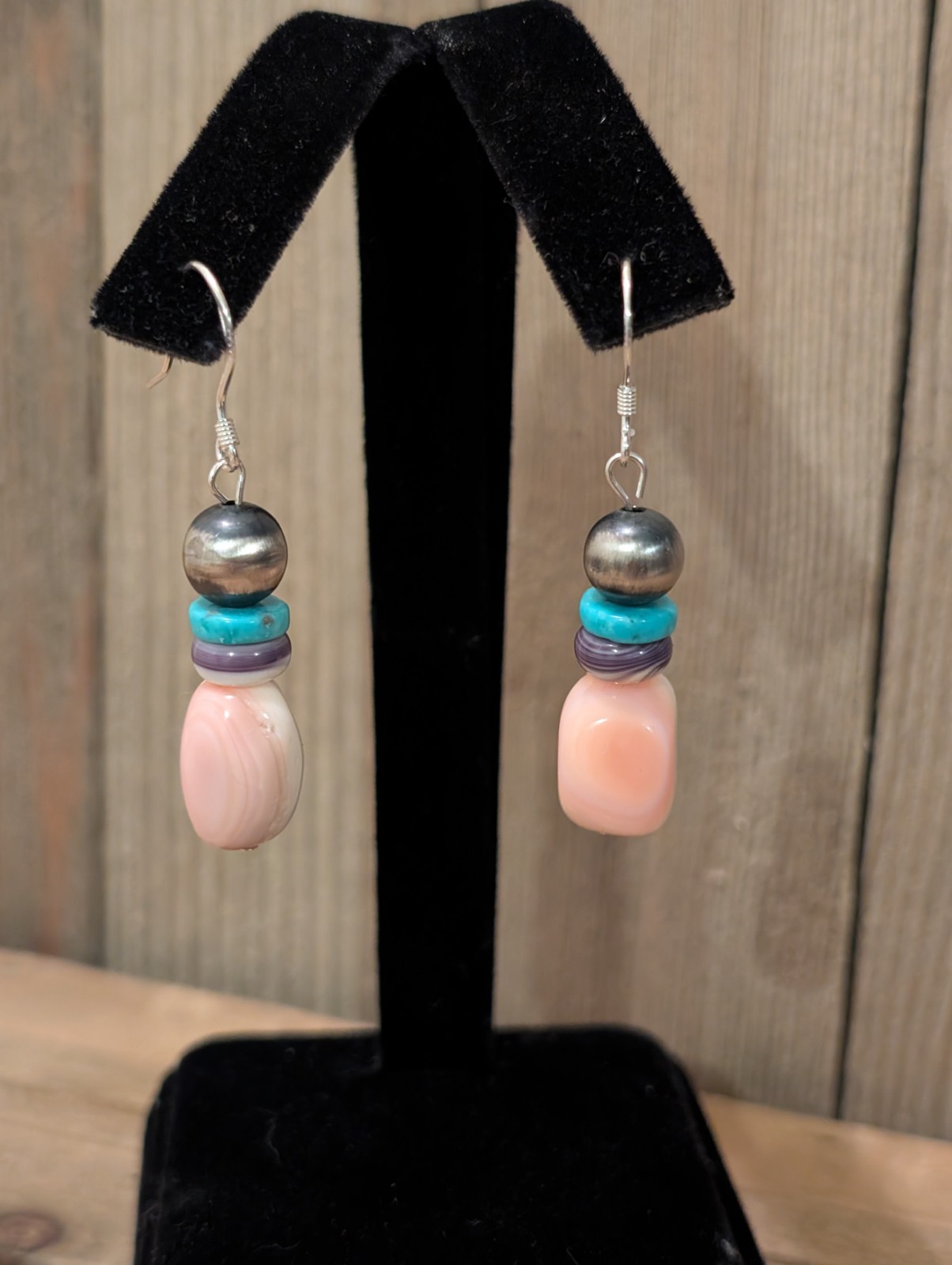 Queen Pink Conch, Sterling Pearl,  & Turquoise Earrings