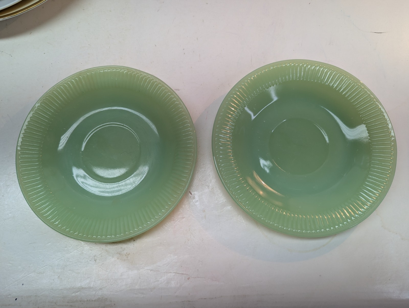 LOT OF 2 Vintage Fire King Oven Ware USA Jadeite Green Saucer 6 Inch Ribbed