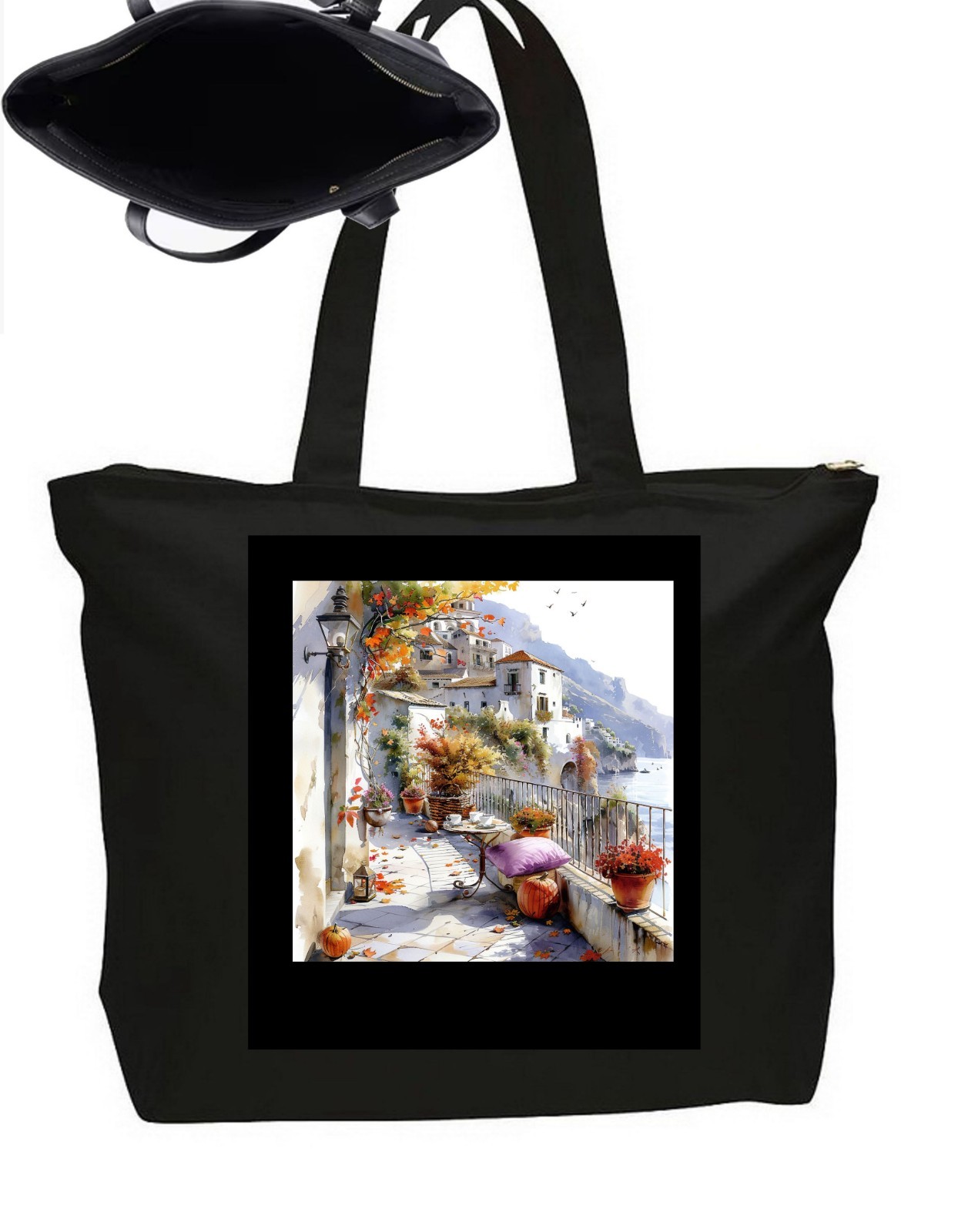 Mediterraneum Greece Santorini Tote Bag   Zipper Closure Travel Poster Art 20"