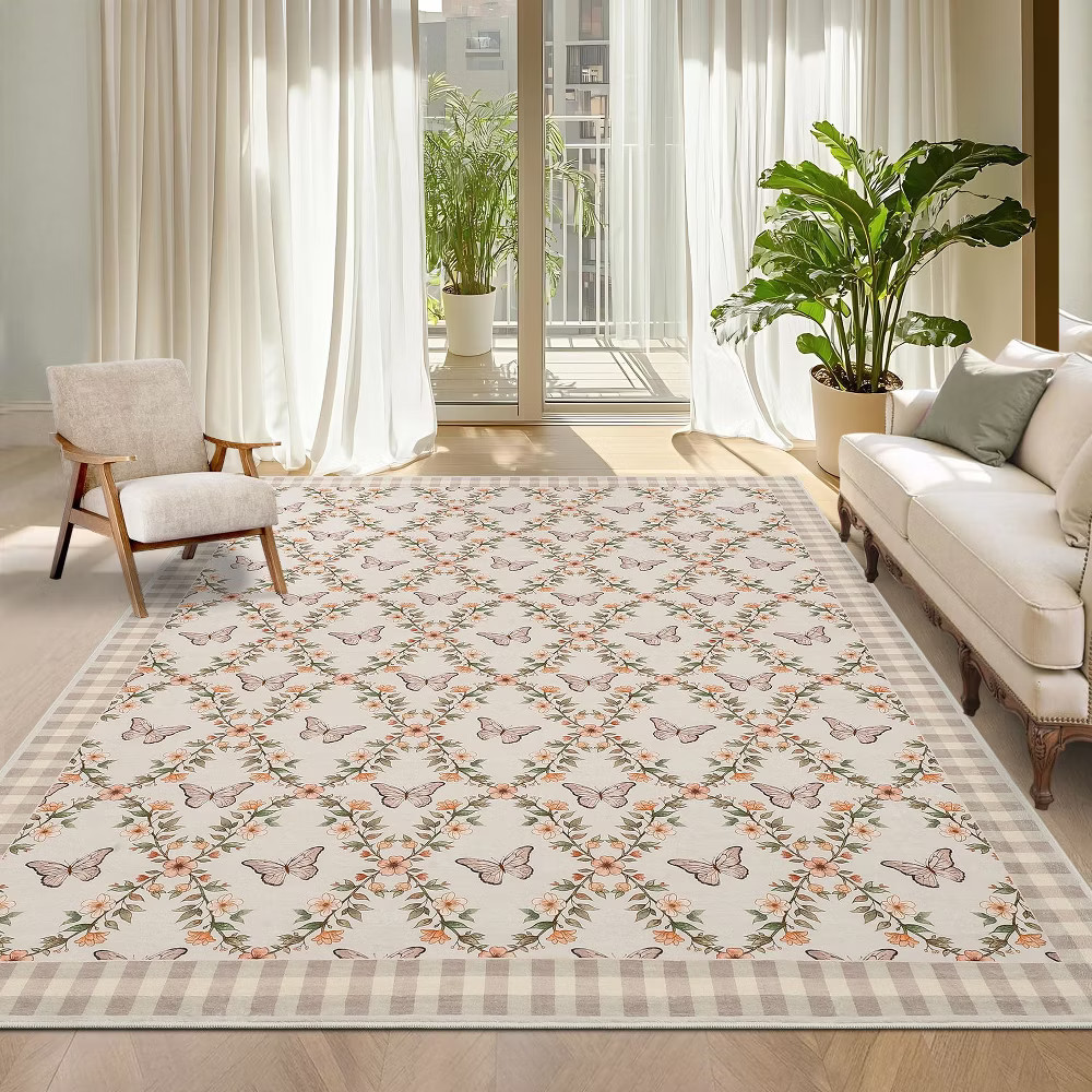 9x12 Large Washable Area Rug Low Pile Floral Butterflies Living Room Rug