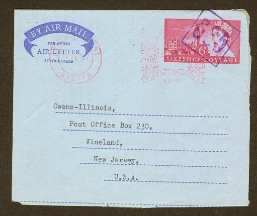 GREAT BRITAIN 1967 6D AIR LETTER "685" NUMERAL BOXED CANCEL TO USA