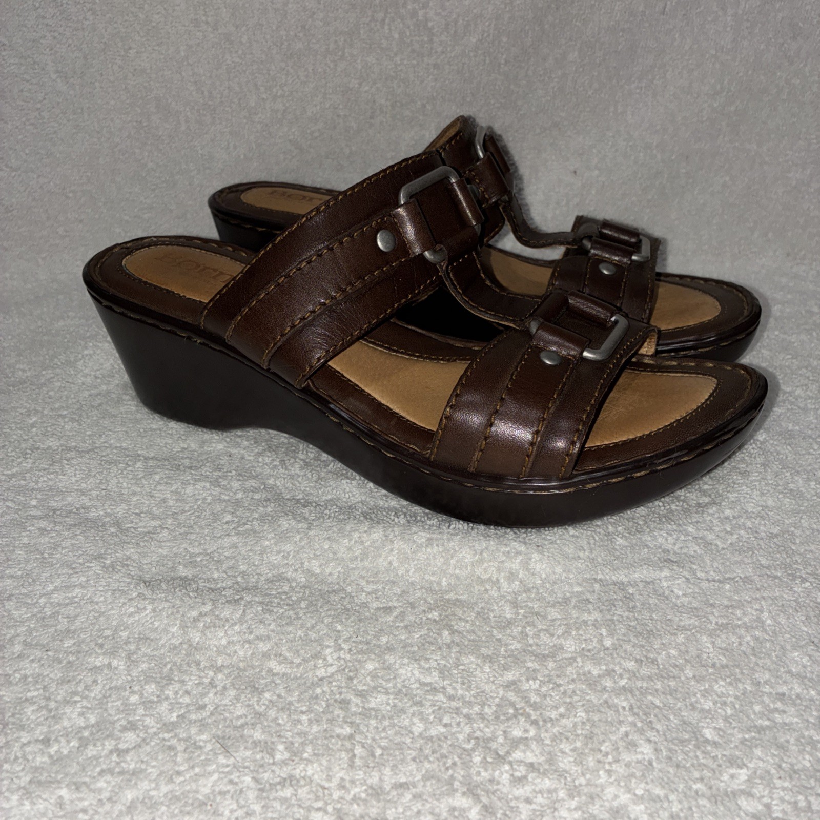 Born Brown Leather Wedge Platform Slides Sandals Silver Buckles Boho Sz 7 W61883