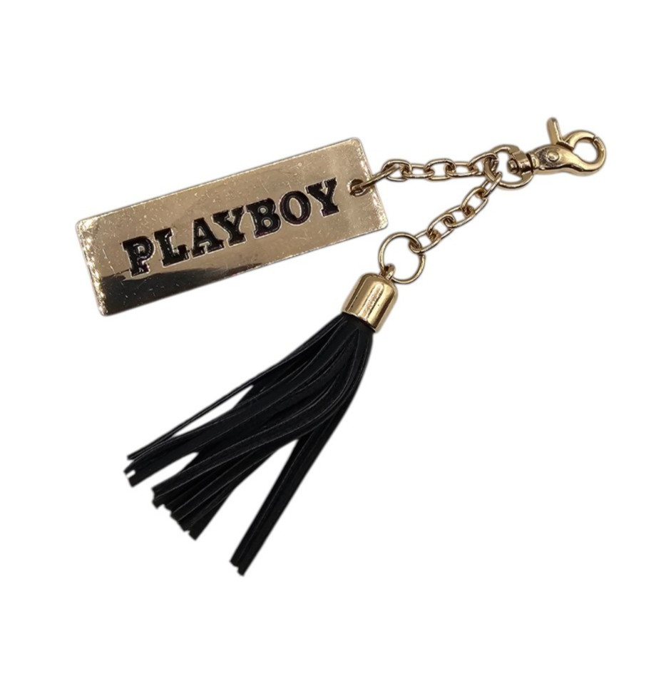 Vintage Y2K PLAYBOY Silver Tone Keychain w/ Black Tassel Detail