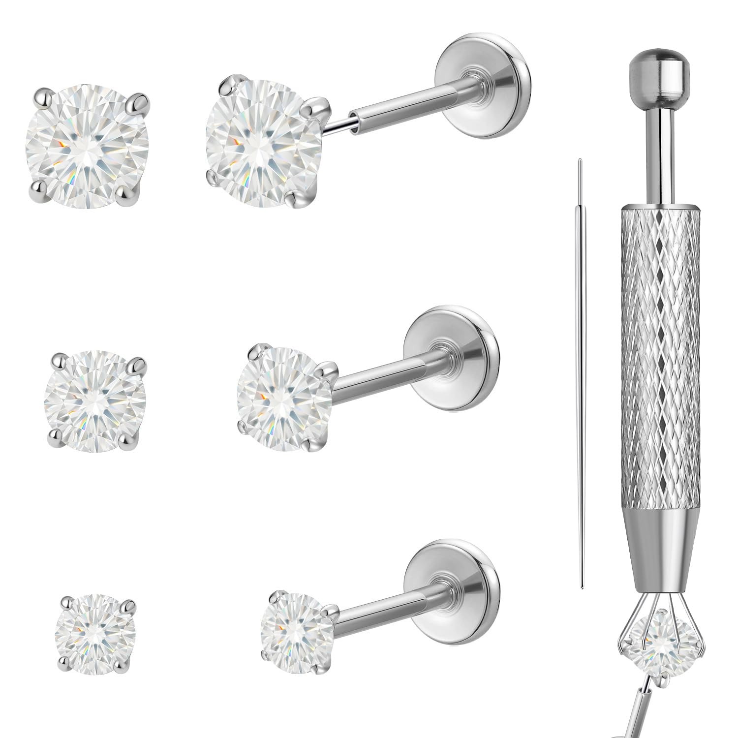 6Pcs Threadless Titanium Nose & Lip Studs | 20G Flat Back Push-in Labret Jewe...