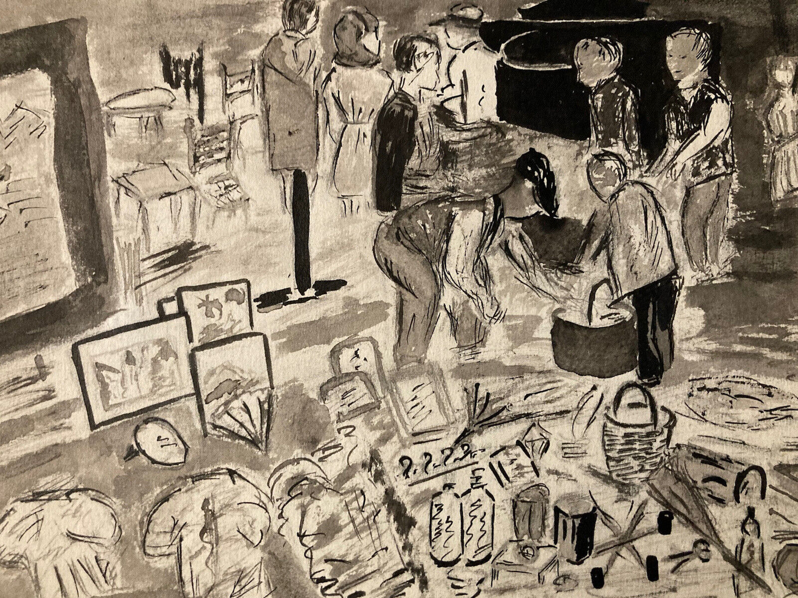 Très Beau Dessin Encre Lavis Marché Aux Puces Brocante 1960 A Identifier