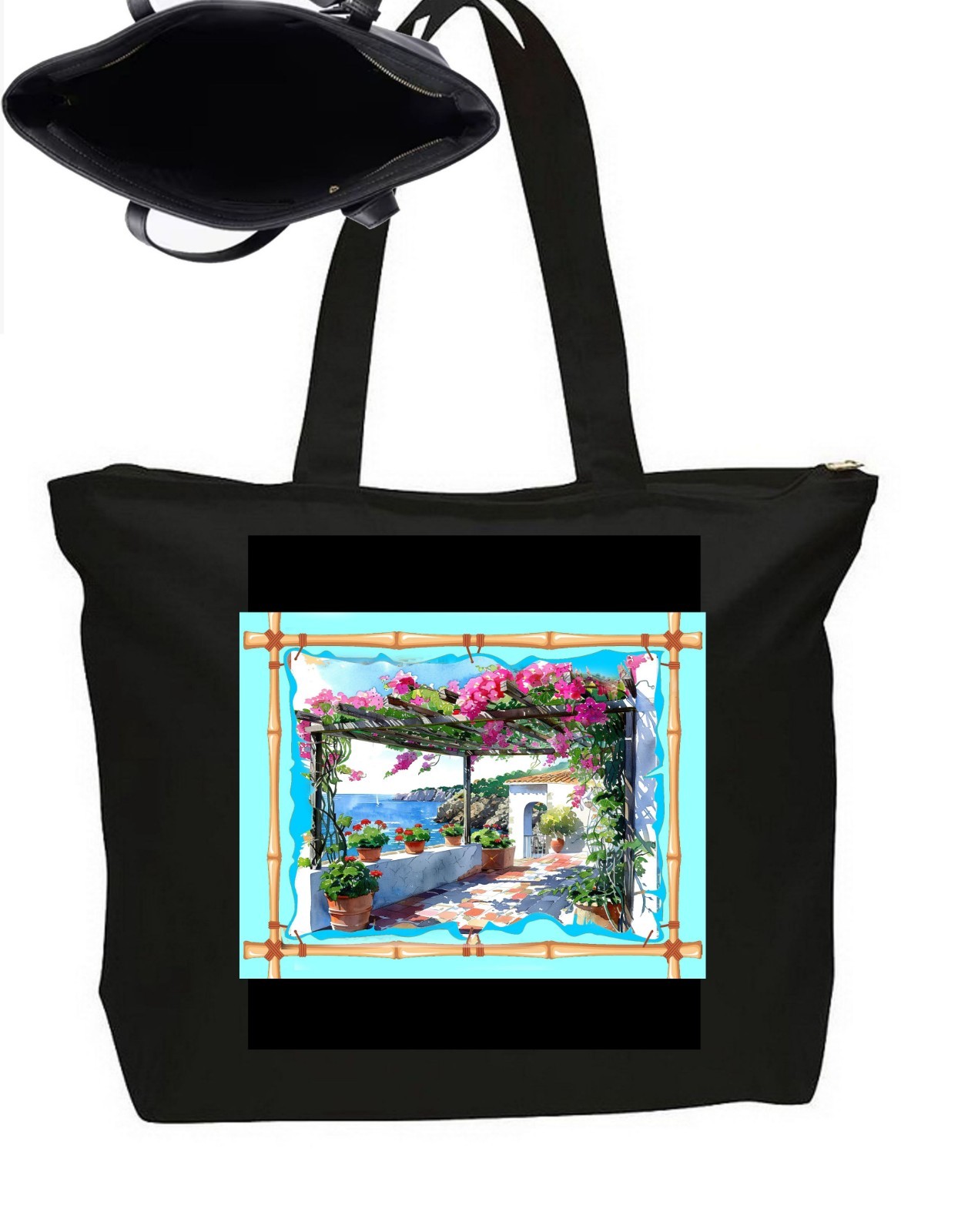 Seaside Ocean Greece Santorini Tote Bag   Zipper Closure Travel Poster Art 20"