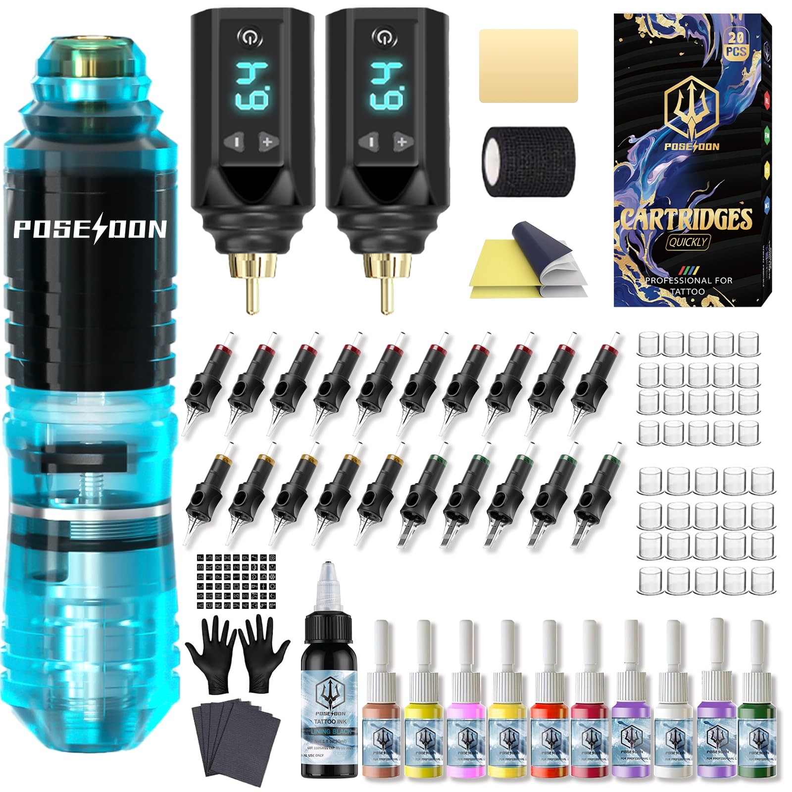 Tattoo Gun Kit POSEIDON Tattoo Kit Pen Kit with 2pcs 1500mAh Batteries Tattoo...