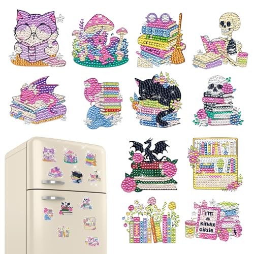 Reading Diamond Art Magnets Refrigerator - 12 PCS DIY Cat Diamond Painting 