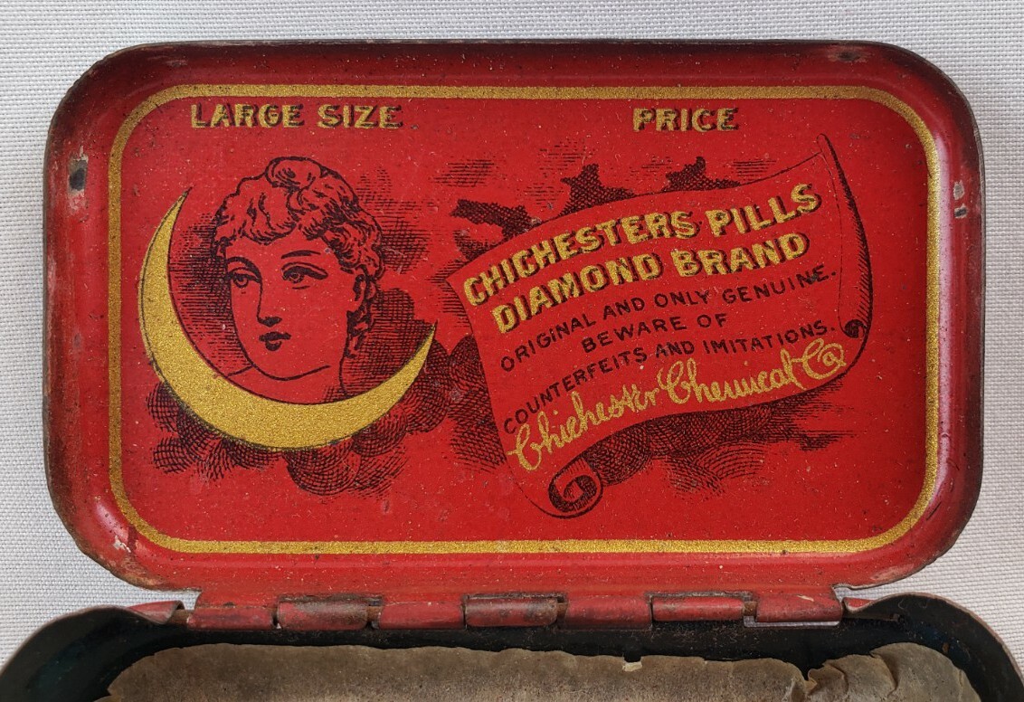 Antique Diamond Brand Chichesters Pills Quack Medicine Tin Advertising Sign Can