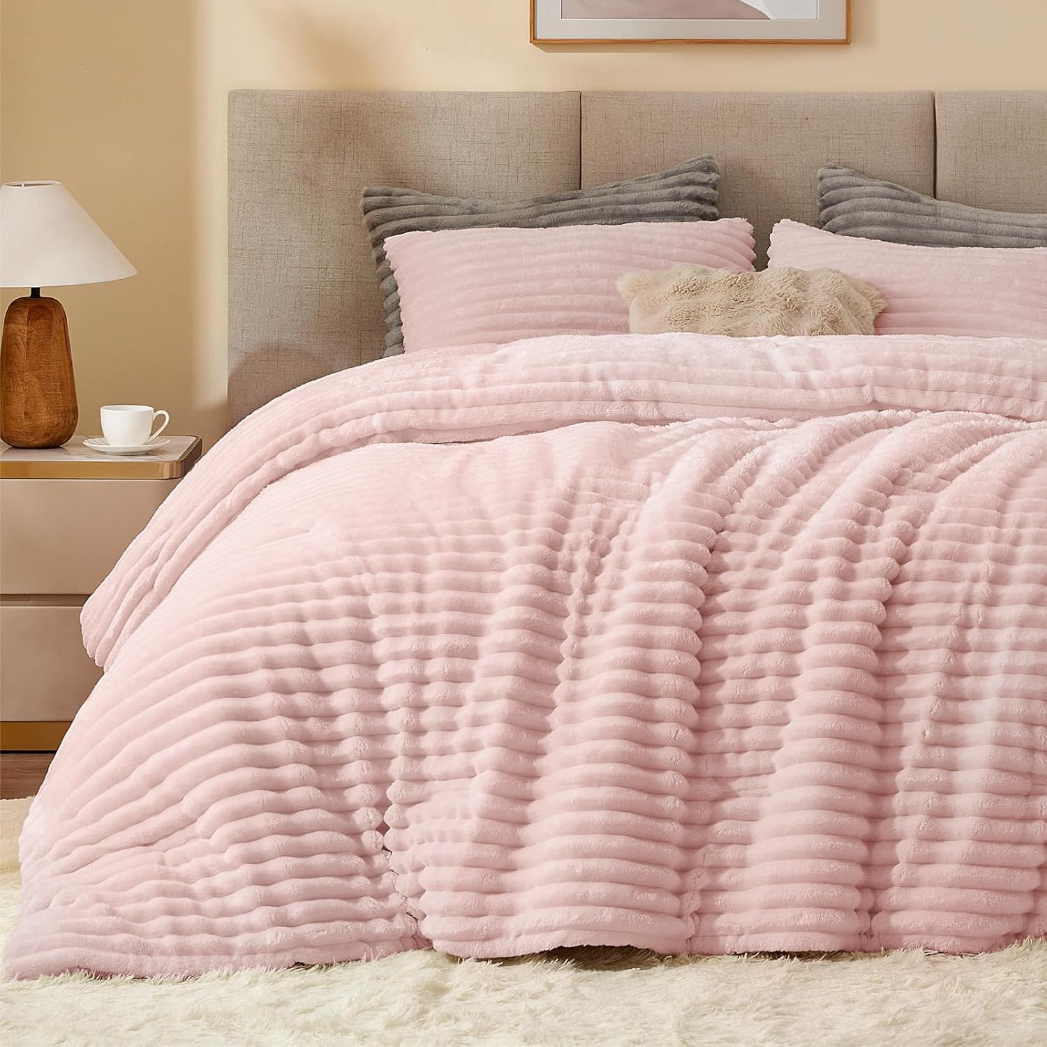 Fleece Queen Comforter Set -Super Soft & Warm Fluffy Pink Bedding, Luxury Fuzzy 