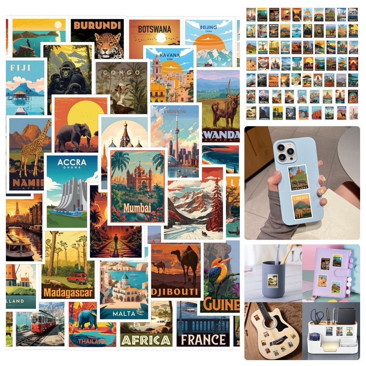 130Pcs Retro Postcard Stickers Famous Places Architecture Animals Travel Journal