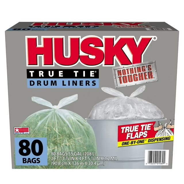 Husky 55-Gallon Clear Flap Tie Drum Liner Trash Bags 80 Ct Heavy Duty