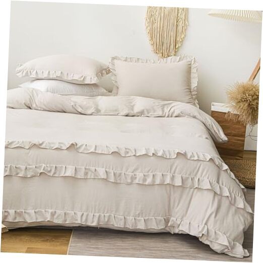 Duvet Cover Set Queen 3Pcs Ruffled Duvet Cover Queen(No Comforter) Beige Ruffle