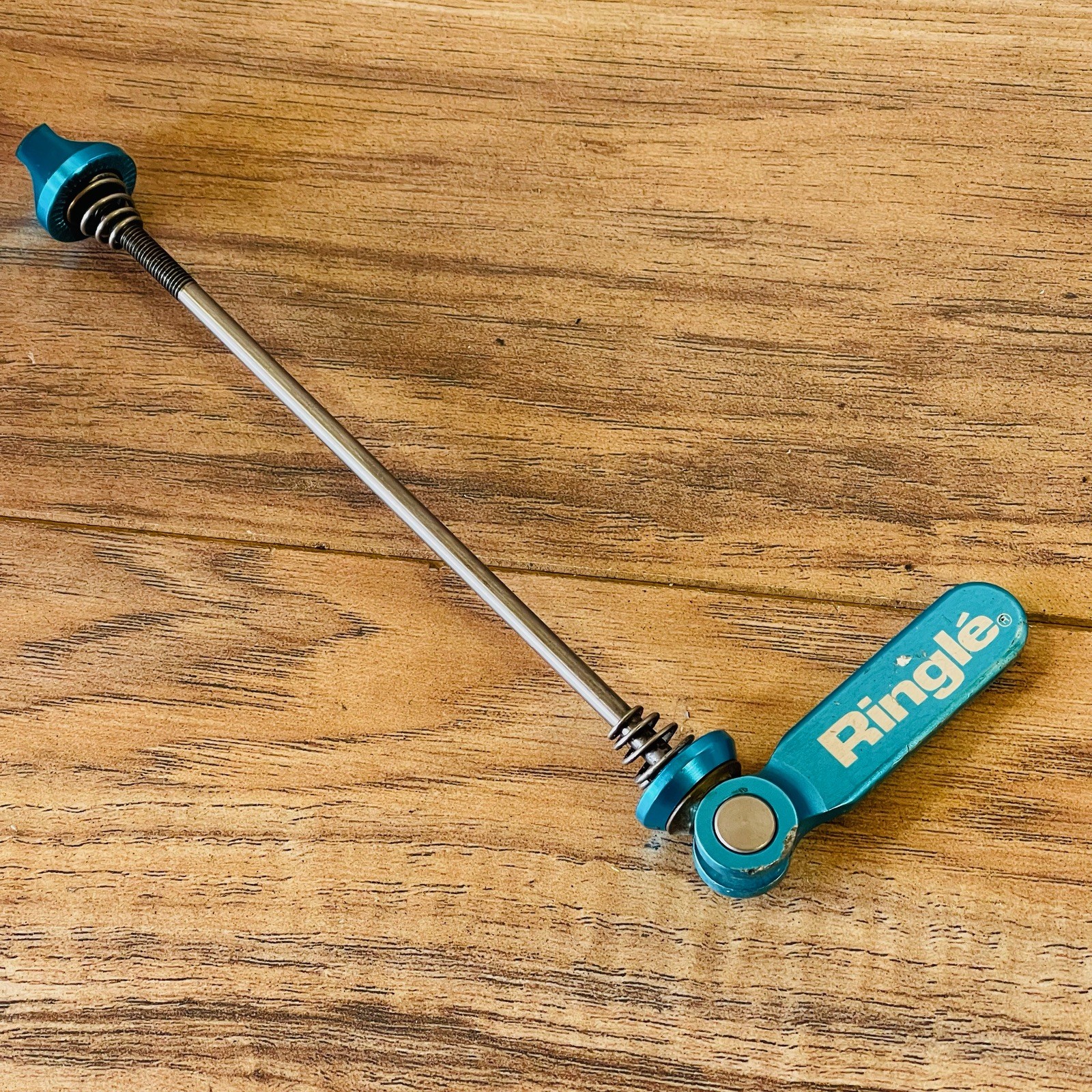 Vintage 90s Ringle Twister Titanium Rear Skewer Turquoise Blue Anodized