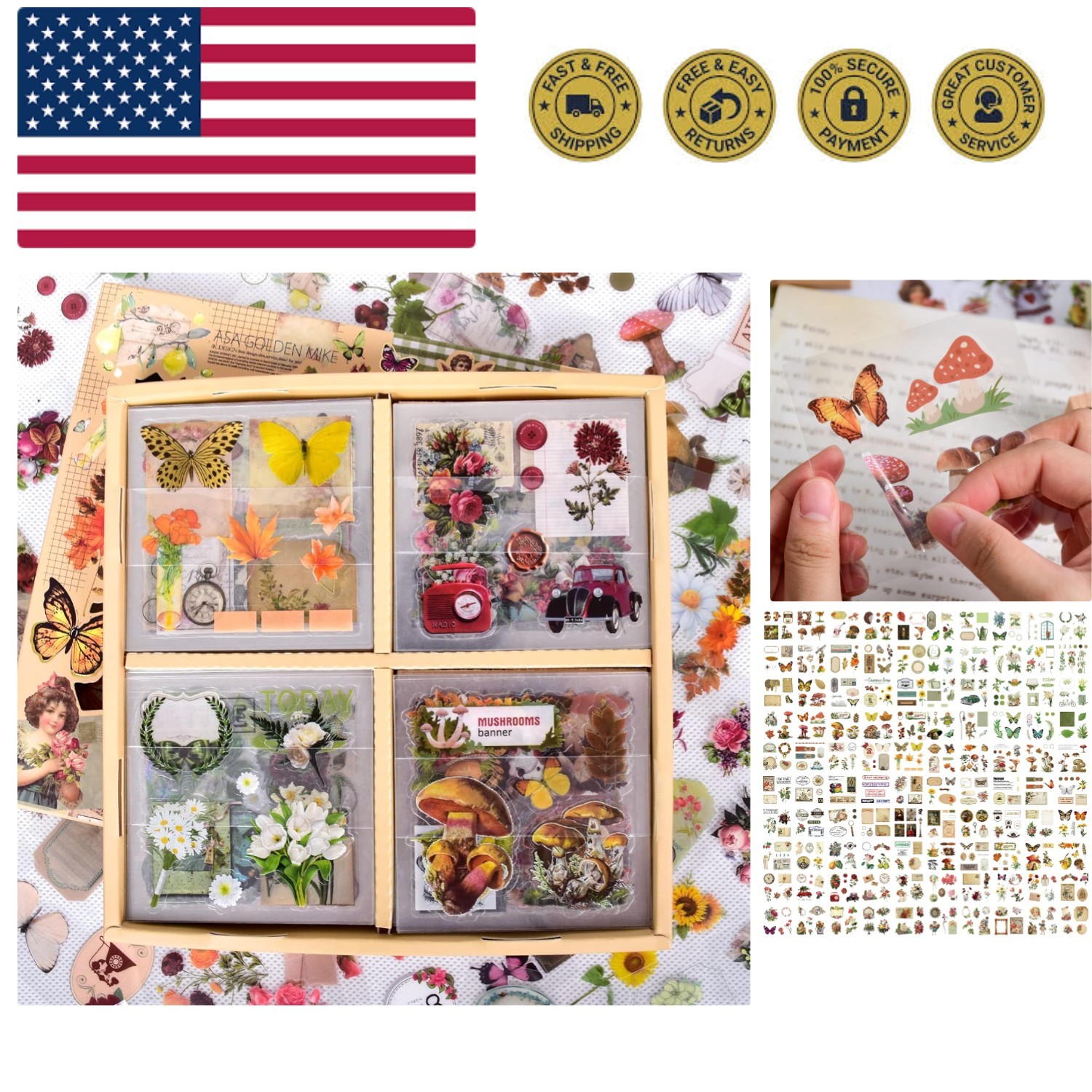 510PCS Plants Floral Scrapbook Stickers Kit Vintage Flowers Butterfly Mushroo...
