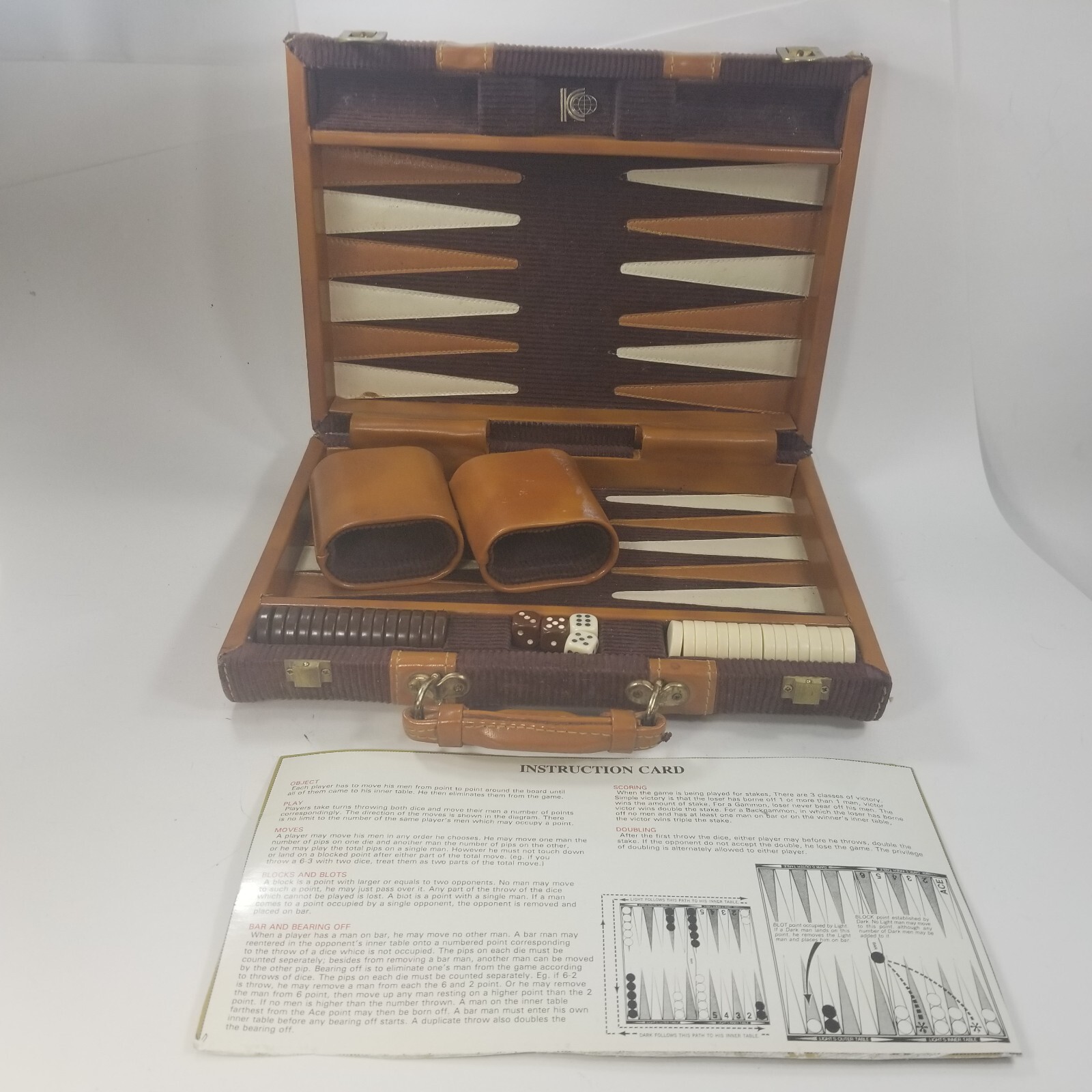Vintage Leather Corduroy Bakelite Pieces Travel Backgammon Box Set Dice