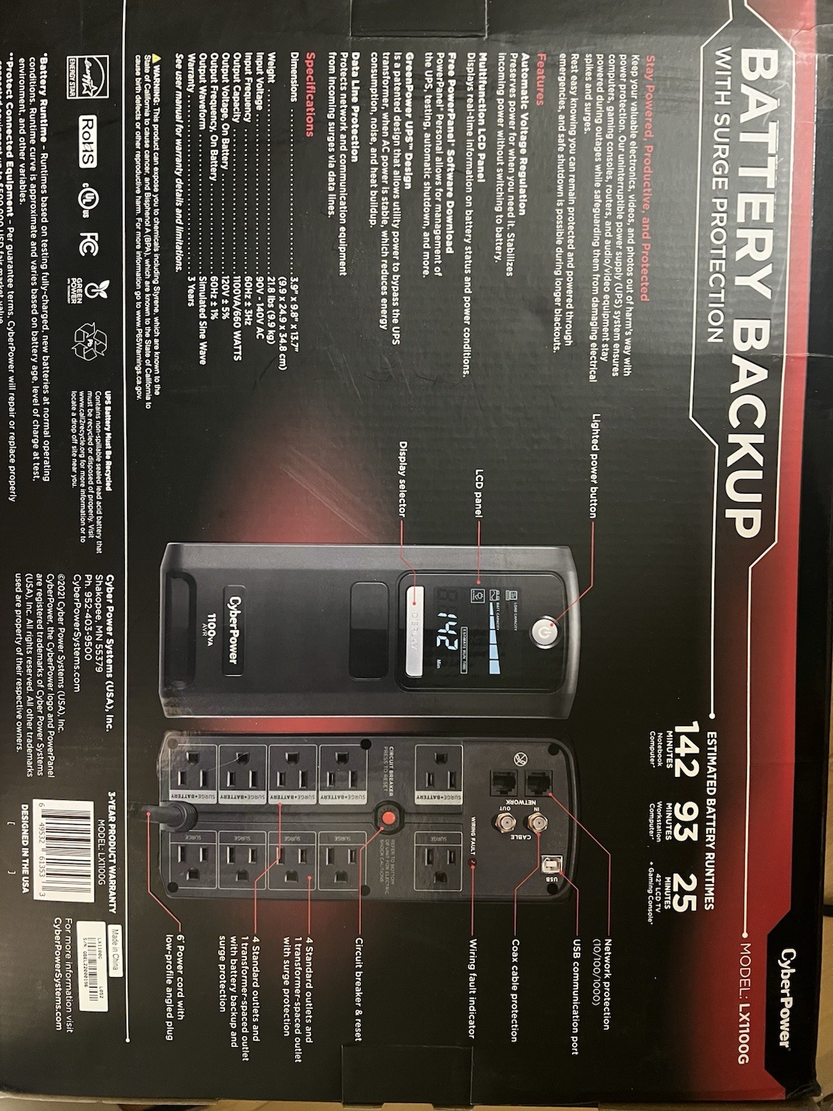 CyberPower LX1100G 1100VA 600Watt Battery Backup with Surge Protection (New)