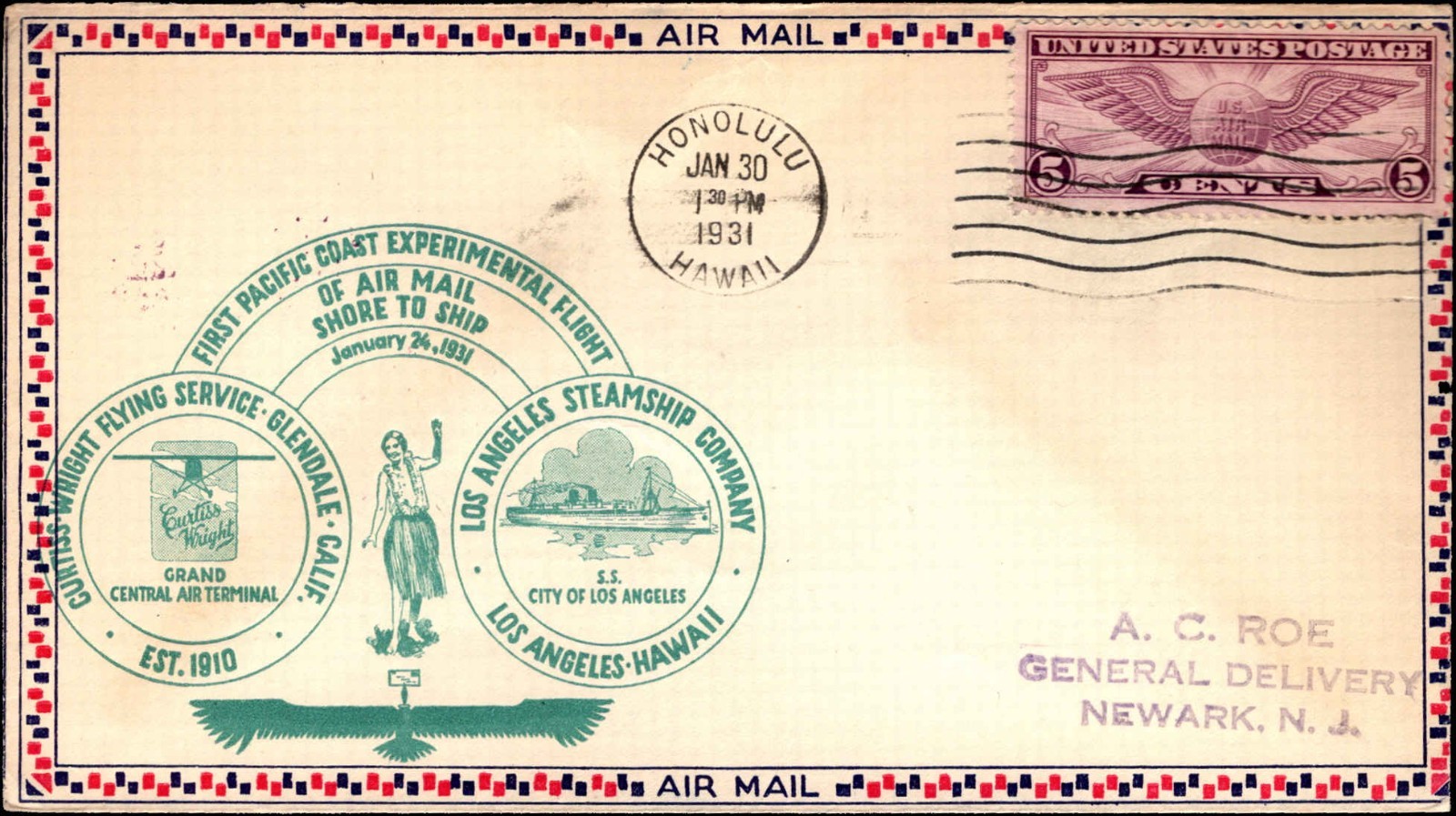 1931 Pacific Coast Experimental Shore to Ship Airmail Flight Cover Hawaii