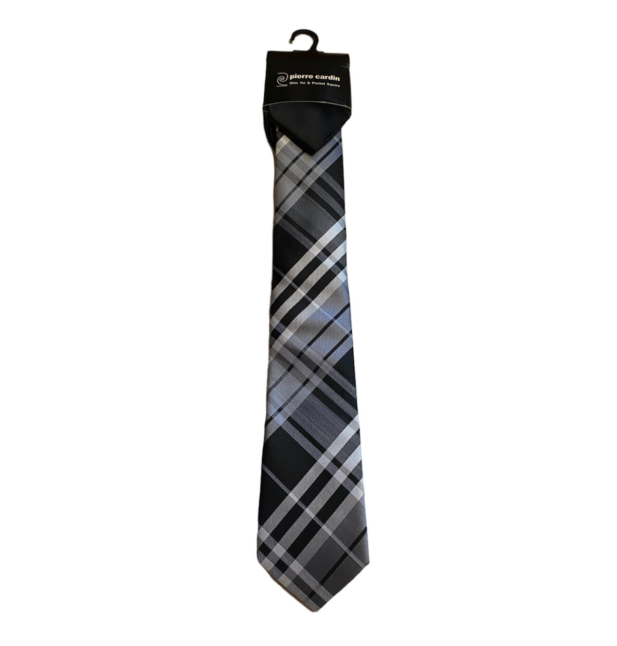 Pierre Cardin Mens Dress Tie Slim Black Gray Plaid Stripe w Black Pocket Square