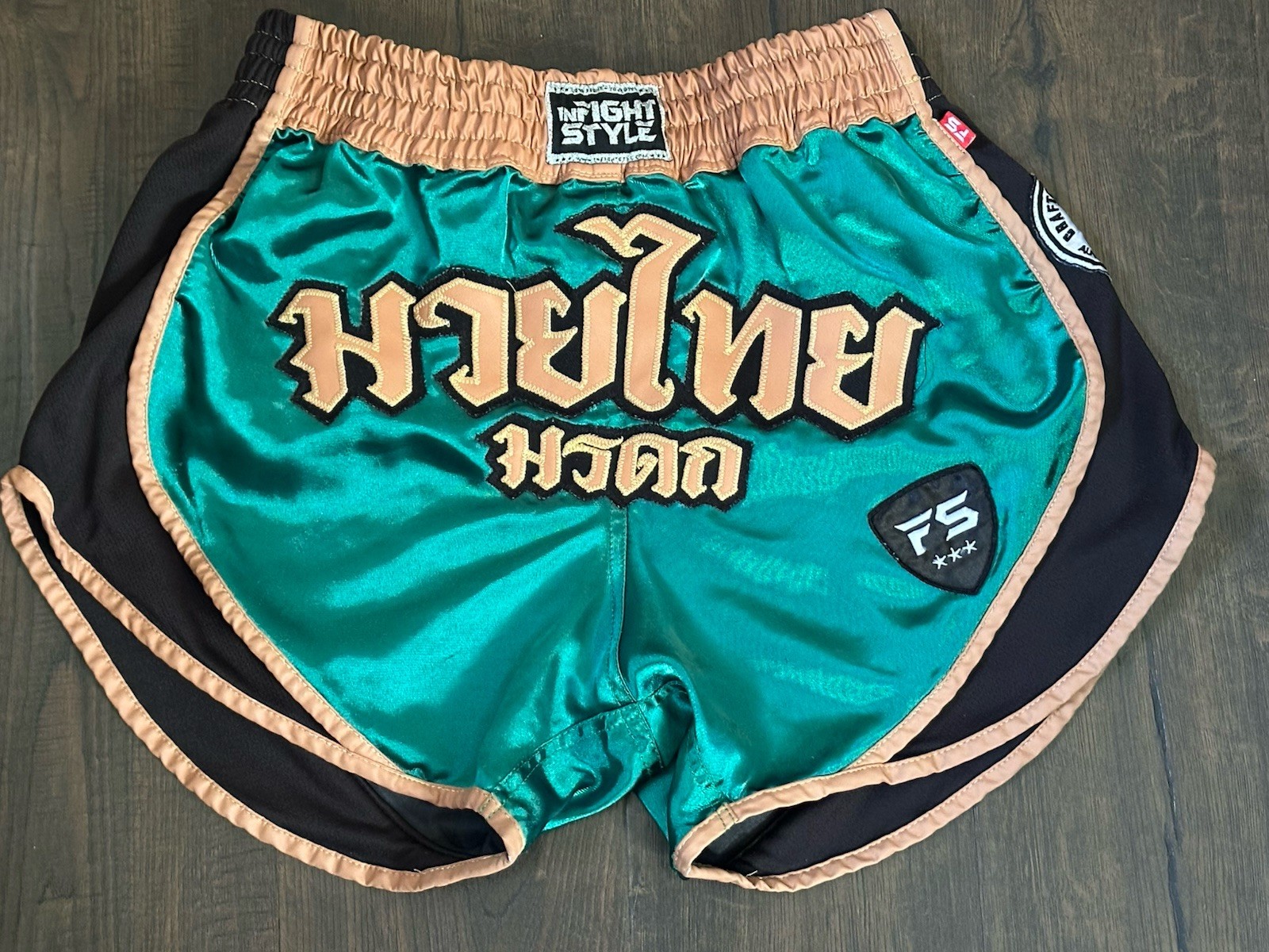 InFightStyle Muay Thai Shorts Green Satin with Gold and Black Trim Large MMA