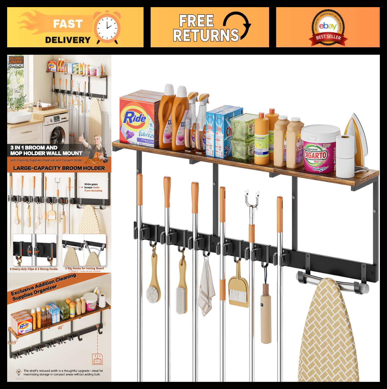 Wall-Mounted Broom Holder & Cleaning Supplies Organizer - Laundry Room Storage,