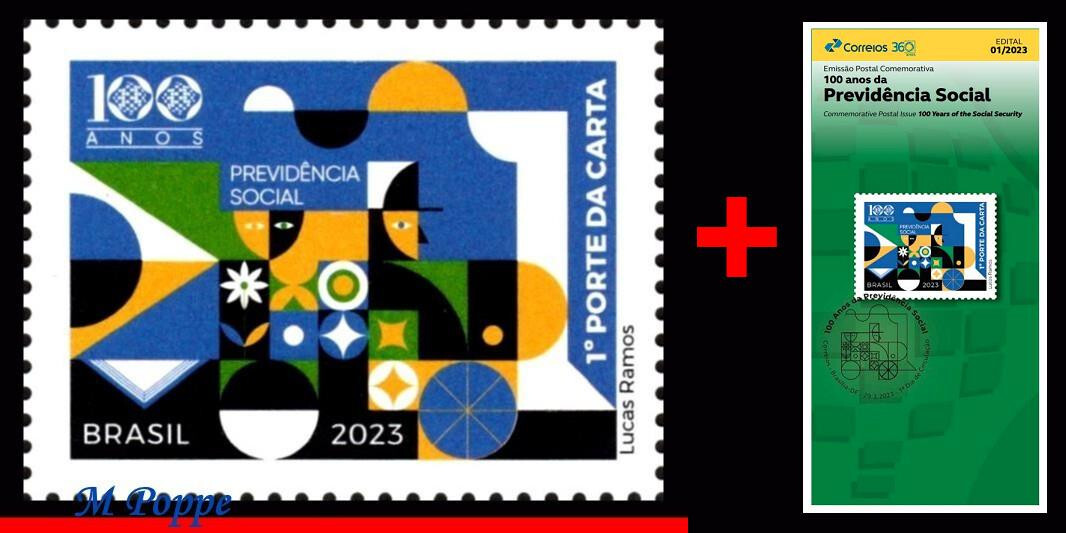 23-01 BRAZIL 2023 SOCIAL SECURITY - 100 YEARS, RAILROAD, TRAINS, MNH + BROCHURE