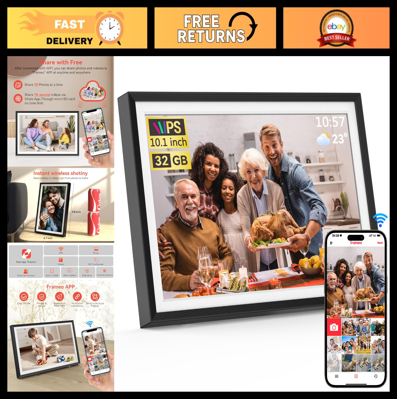 10.1" WiFi Digital Photo Frame, HD Touch Screen, 32GB Memory, Auto-Rotate, Easy