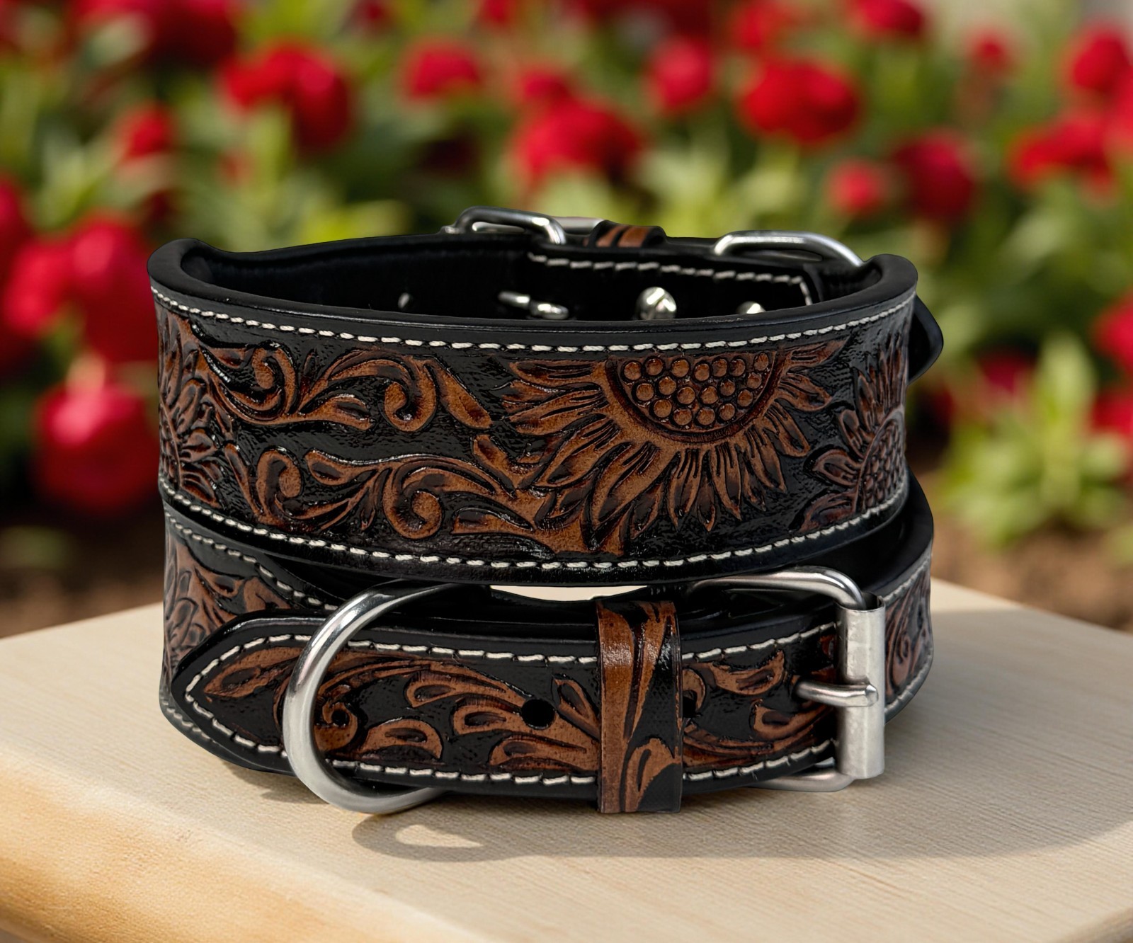 Full Grain Genuine Leather Dog Cat Puppy Collar Hand Tooled Crafted Padded