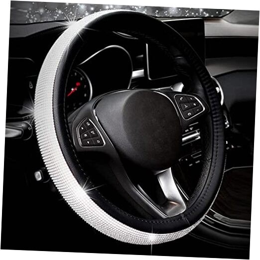 New Diamond+Leather Steering Wheel Cover,Bling black leather+white Diamond