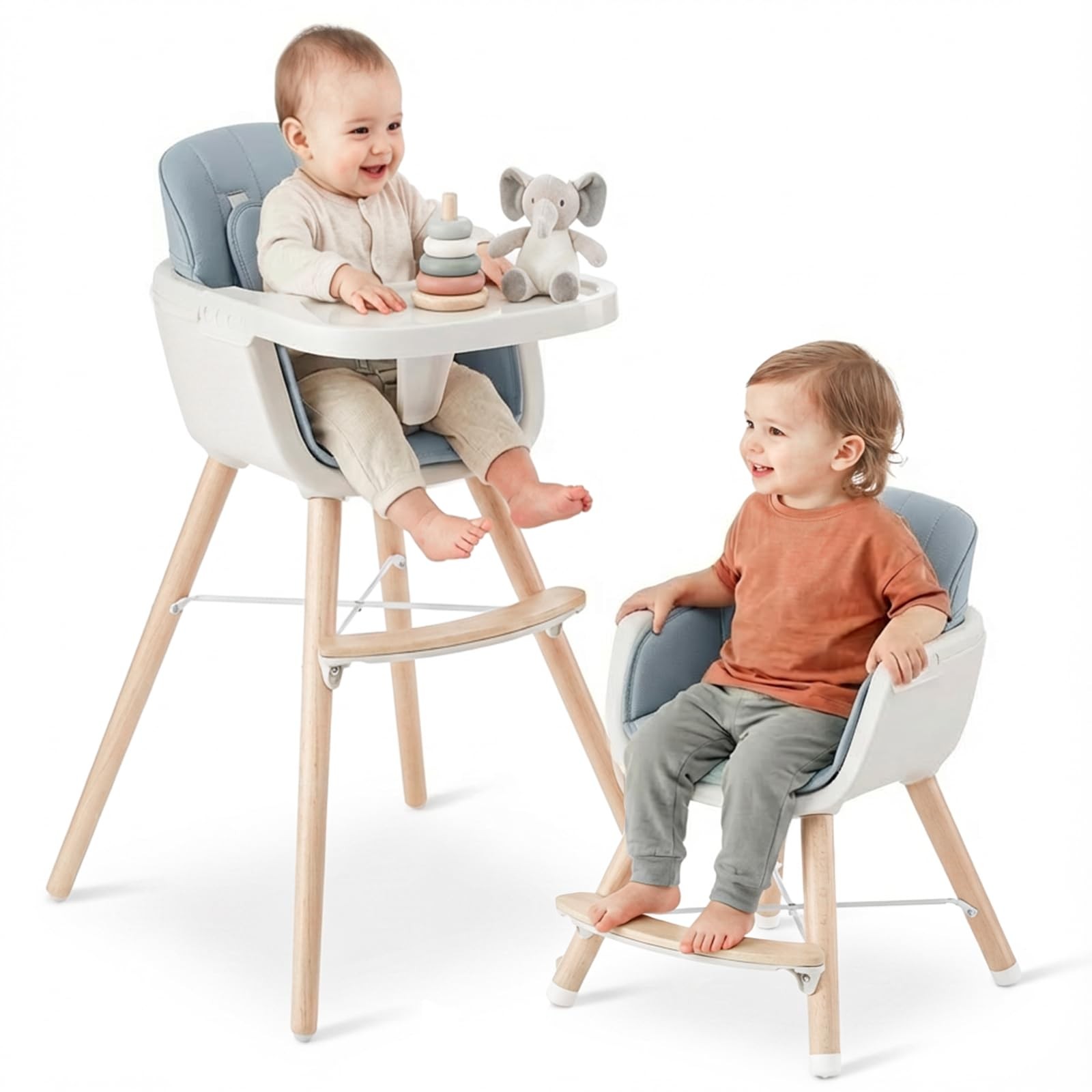Wooden High Chair Convertible 3-in-1 Baby Toddler Adjustable Dishwasher Tray
