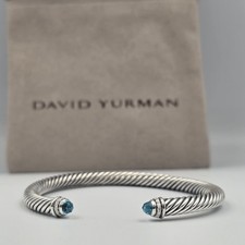 David Yurman Sterling Silver 5mm Cable Blue Topaz & Diamond Bracelet