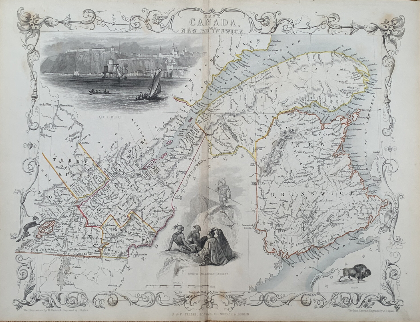 1849 East Canada, New Brunswick by Tallis Rapkin Hand Coloured Rare Antique Map