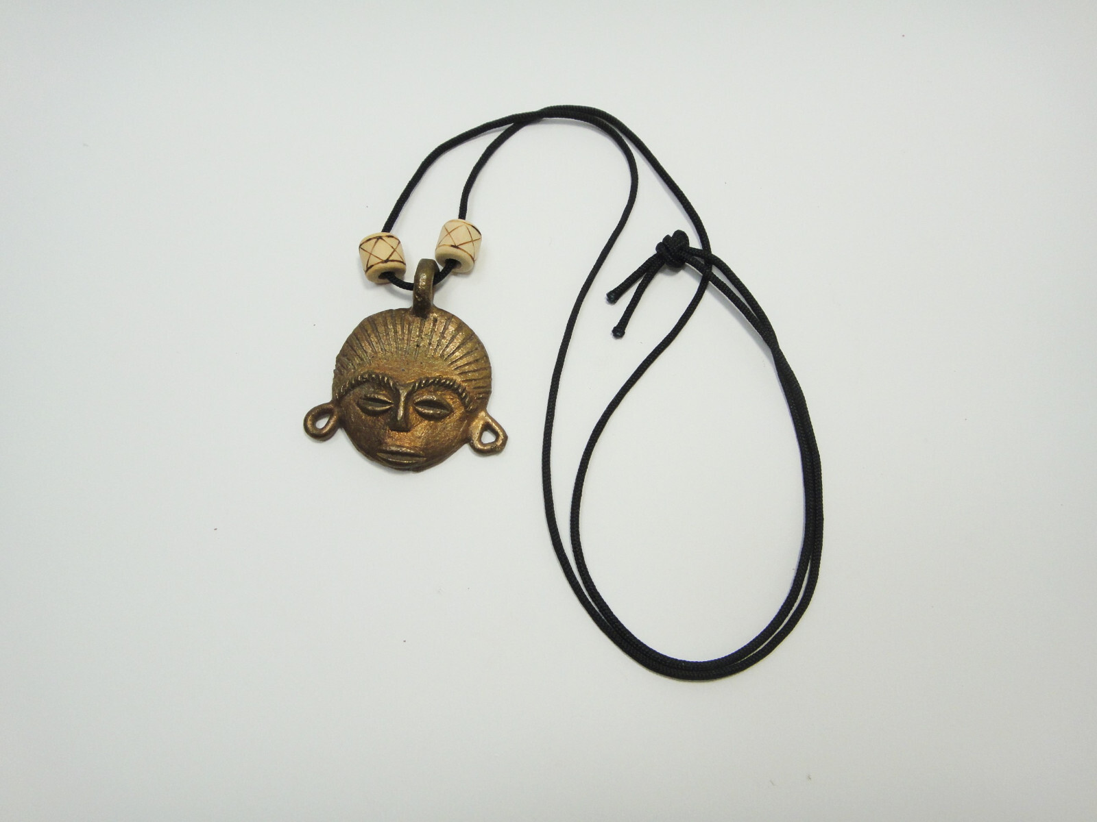 Pendant Necklace Brass Face Wood Carved Beads Black Cord