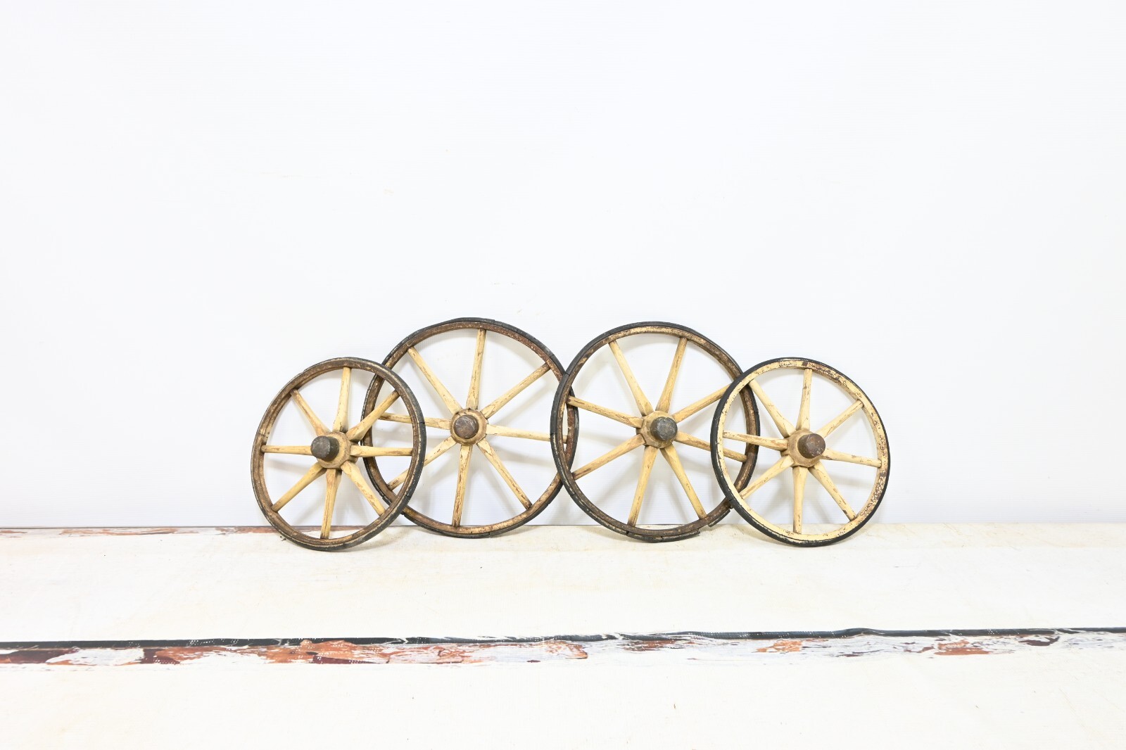 4 Antique . Wood Spoke Baby Buggy Wheels 12" & 10" Wood Metal And Rubber