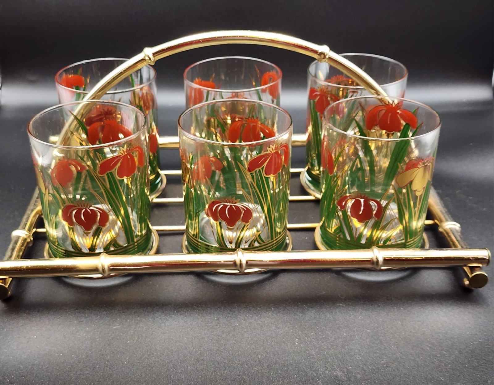 Vtg MCM Culver Iris Cinnabar Bar Set 6 Lowball Glasses & Metal Holder  Read