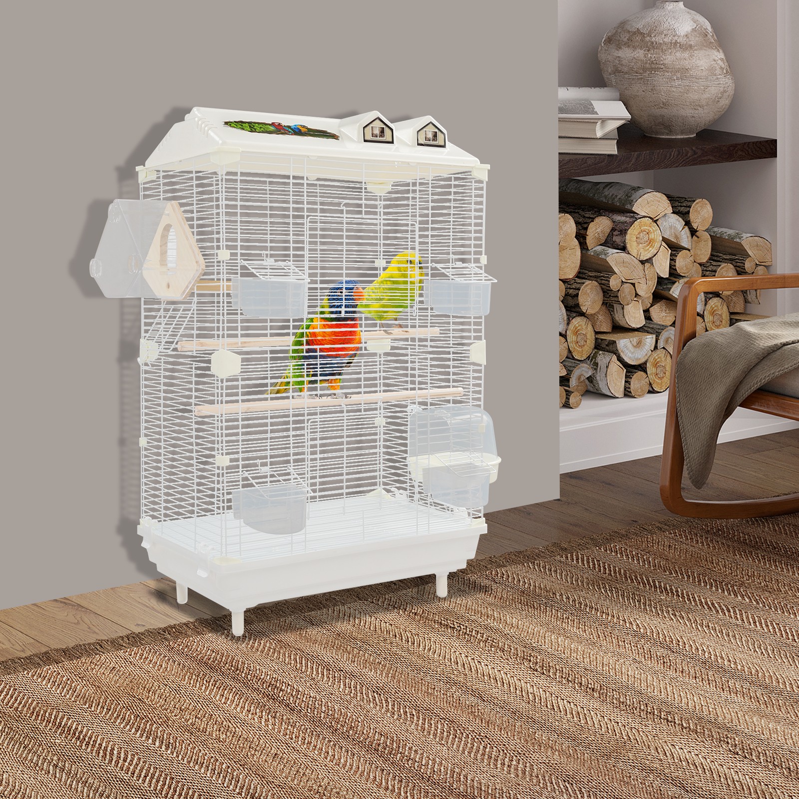 2 Tiers British Style Parrot Cage, White Birdcage Kit, Freestanding Canary Cage