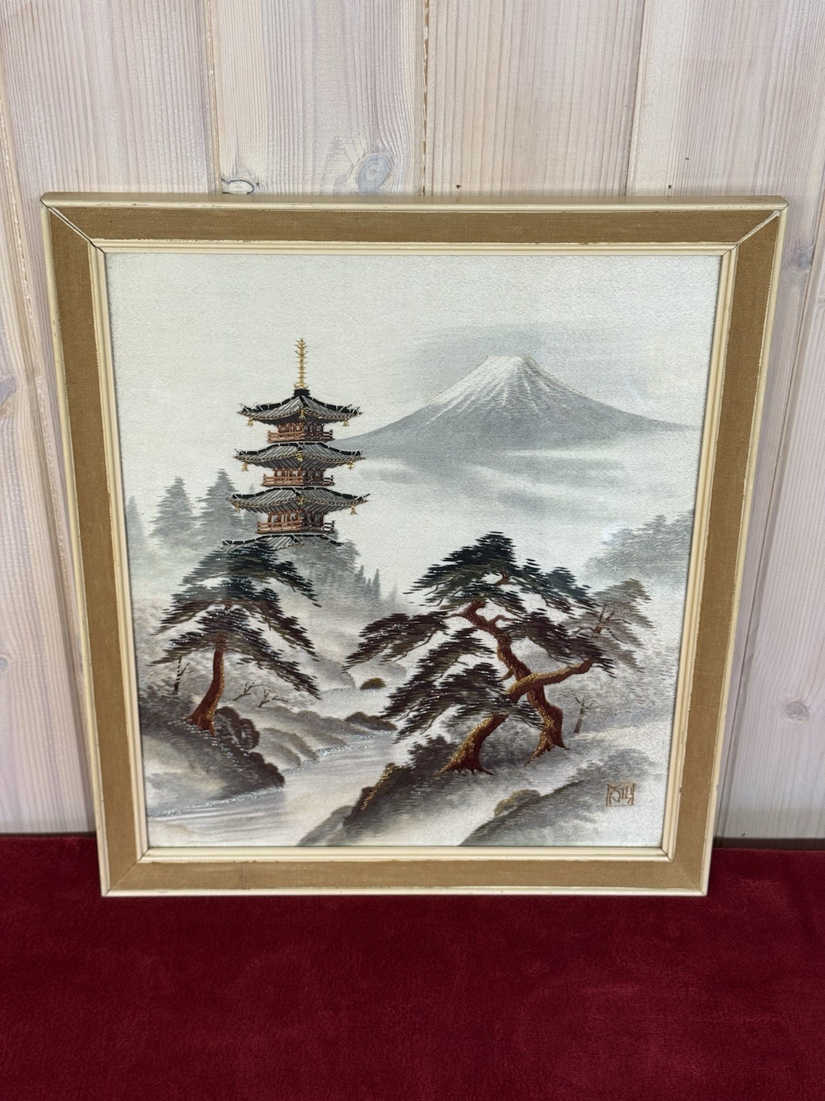 Vintage Silk Embroidered Art Picture Japanese Landscape Framed 16in x 18in frame