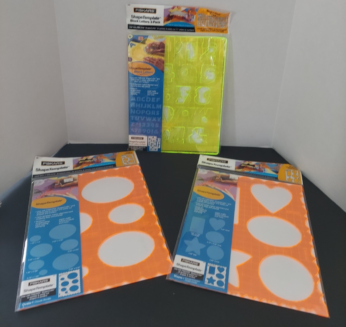 Lot of 3 FISKARS Shape Templates Ovals, Letters, Rectangle Heart Star Circle NEW