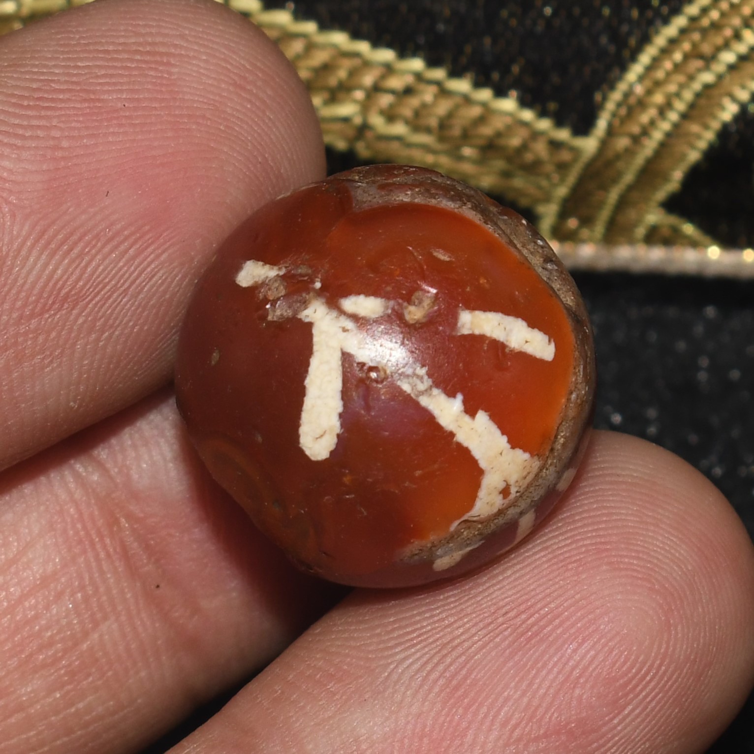 Large Round Ancient Etched Carnelian Stone Bead in good Condition