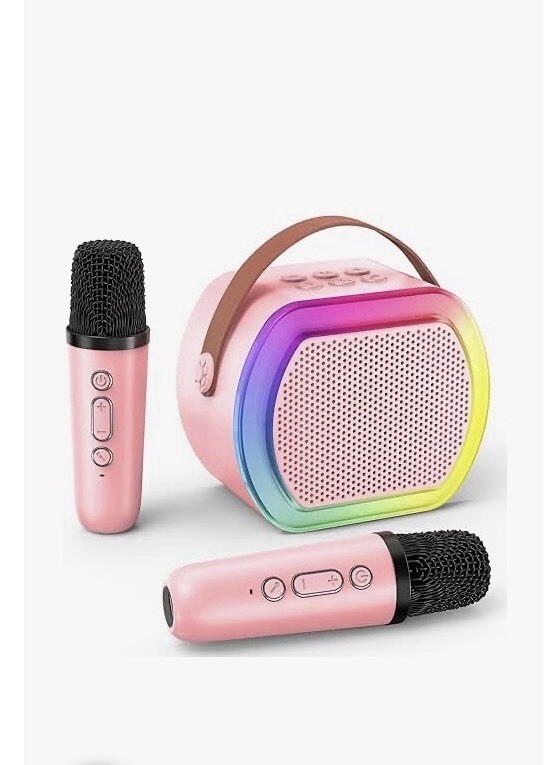 Portable Bluetooth Karaoke System, 2 Microphones, Built-In Mic, Pink