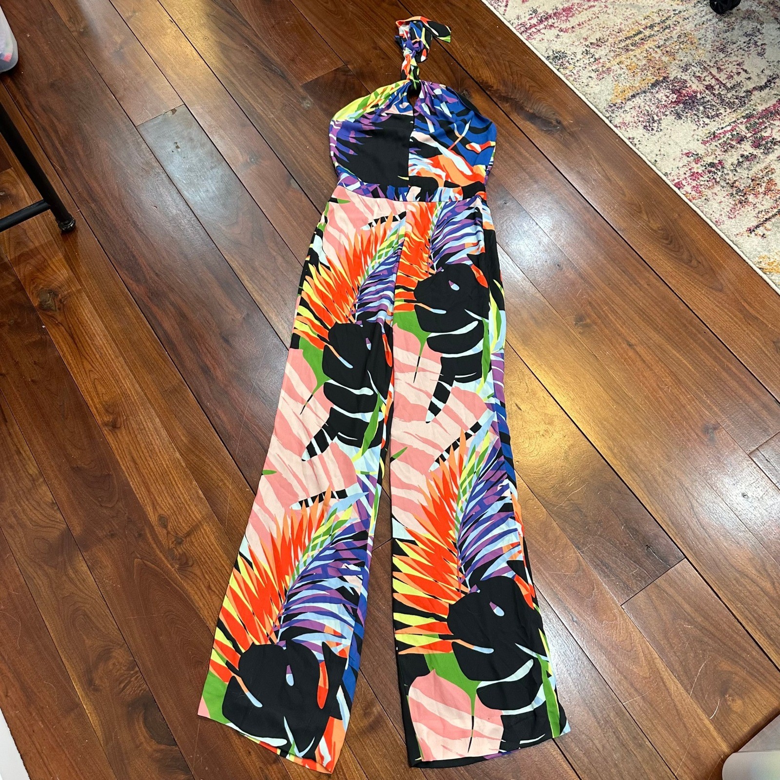 Natori Womens Jumpsuit 2 Tropical Wide Leg Halter Tie Backless Bright Vacation