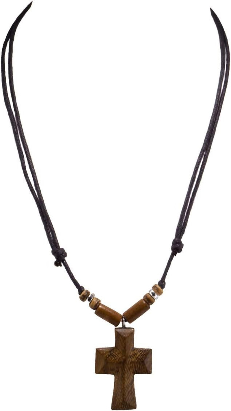 Hand Carved Wood Cross on Adjustable Cord Necklace