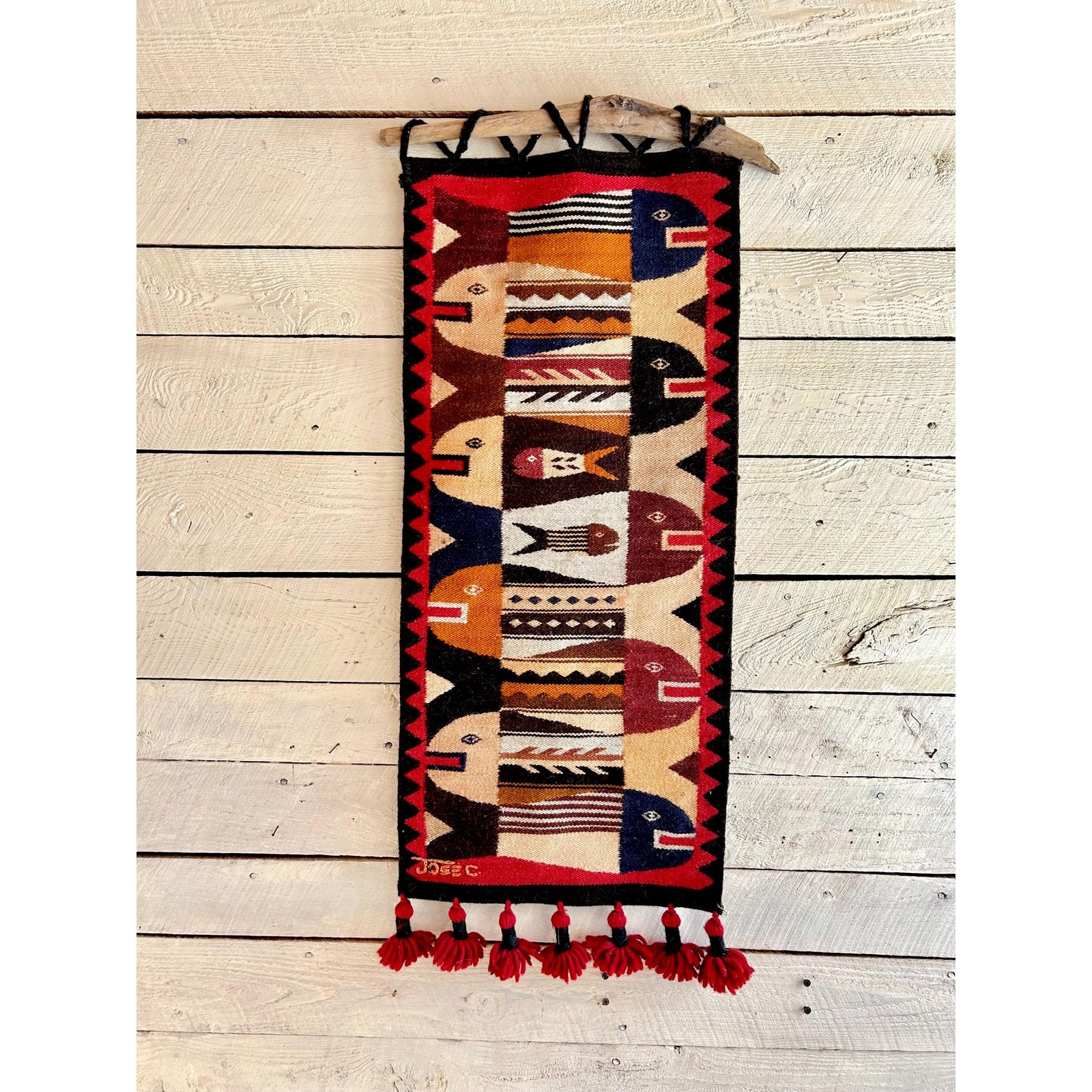 Handwoven Jose Cotacachi wool fiber art wall tapestry - fish design - folk art