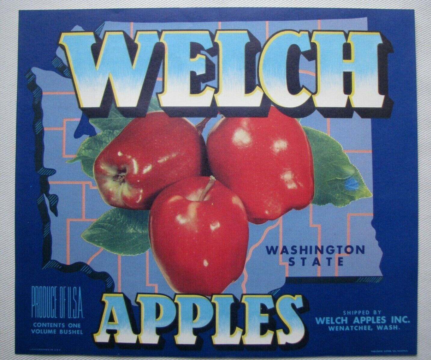 Original WELCH apple crate label Wenatchee, Washington blue map of state/county