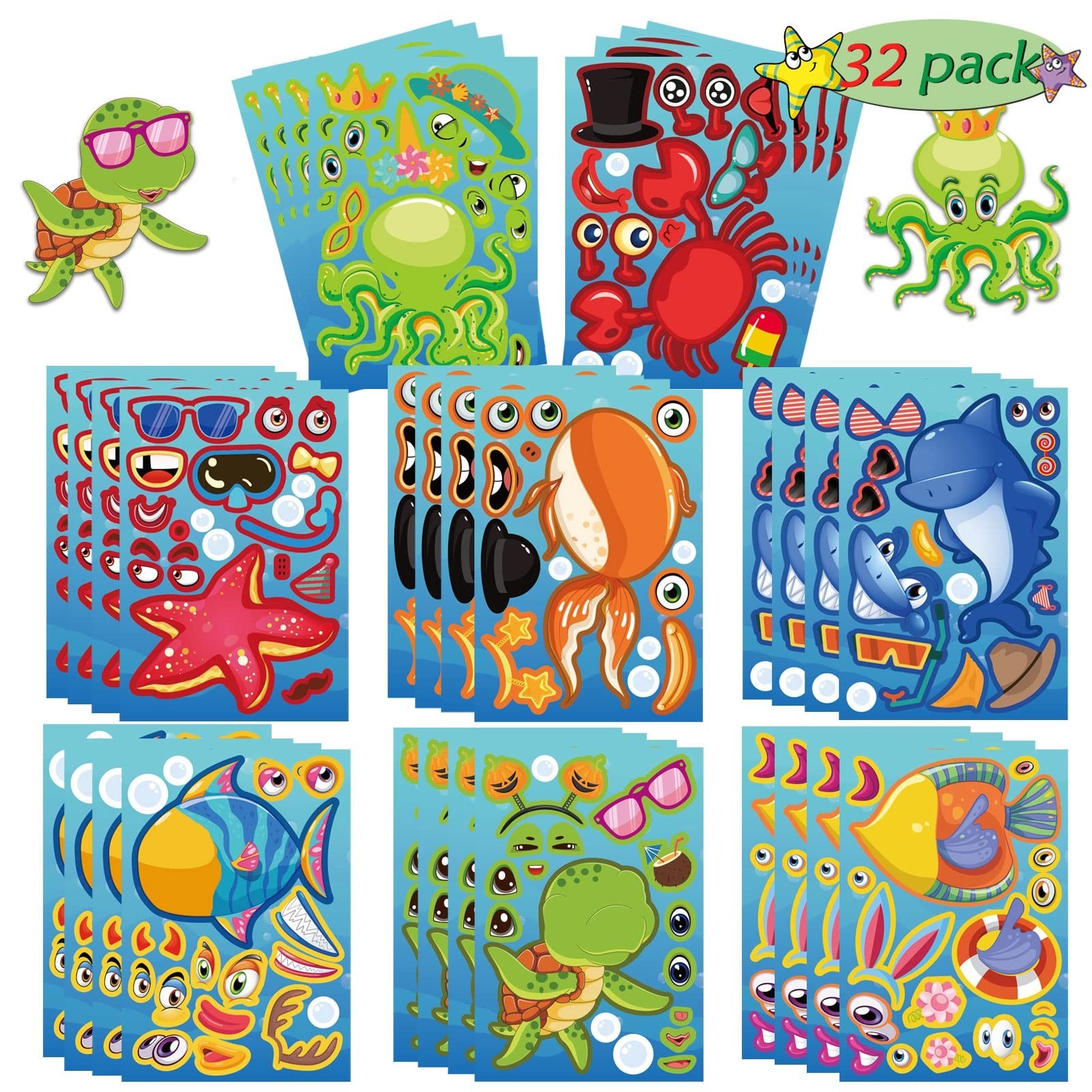 32 Sheets Make Your Own Ocean Animals Stickers for Kids Classroom DIY Art Cra...