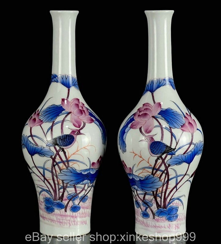 11.4" Old Chinese Qianlong Marked Blue white  Porcelain Flower bird bottle Vase