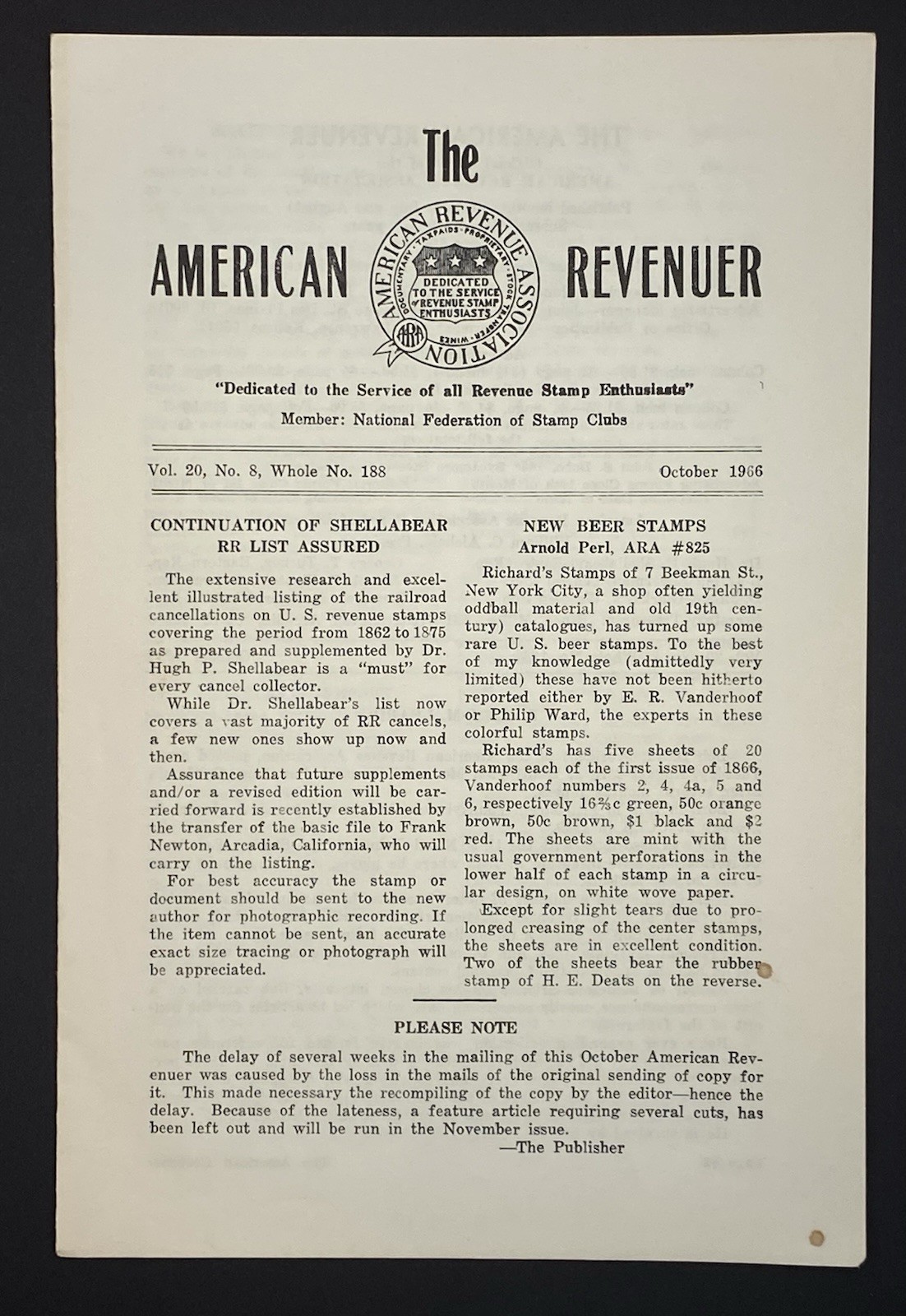 The American Revenuer Volume 20 No 8 Whole No 188 October 1966 Stamp Ephemera