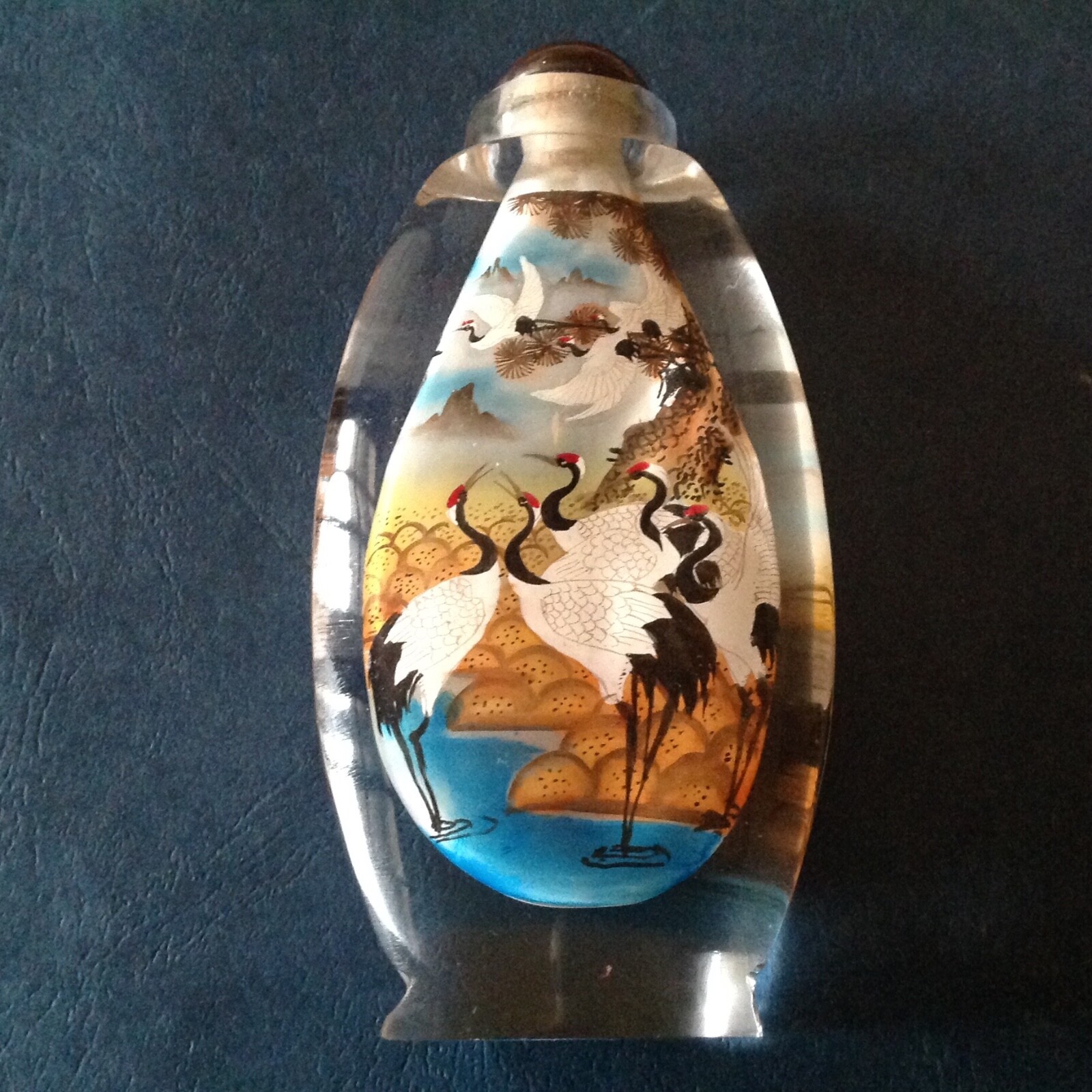 ~Large Vintage Inside Reverse Painted Crystal Snuff Bottle ~ Cranes ~SALE PRICED