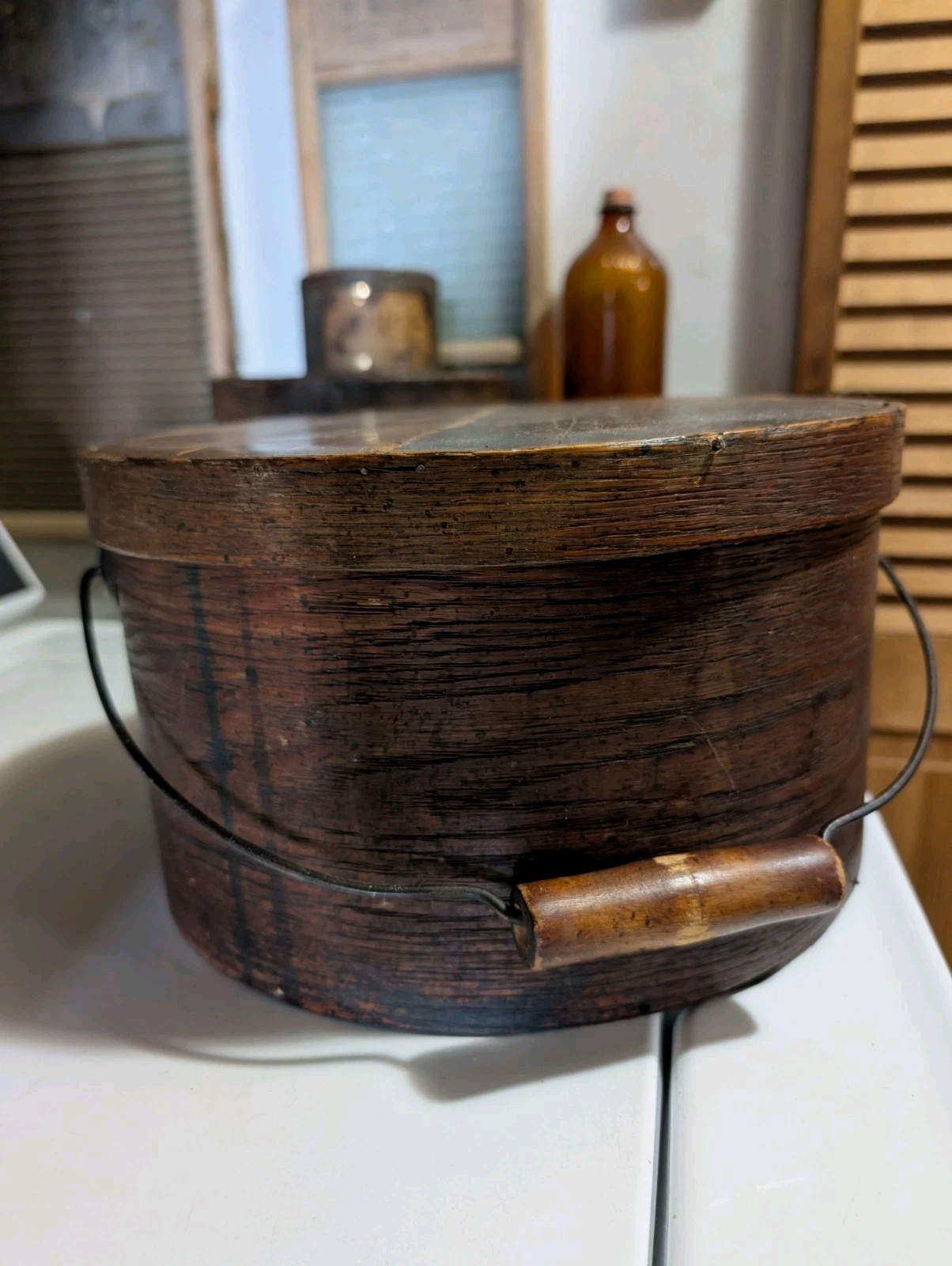 Antique Primitive Large Pantry Box Bail Handle Org Lid