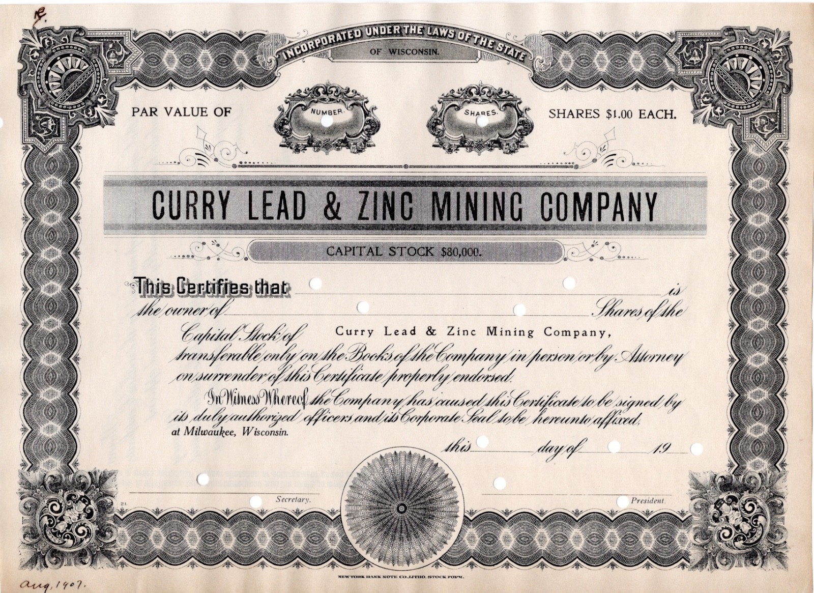 Curry Lead & Zinc Mining Co., 190_ (1907) - Wisconsin - Specimen - unique?